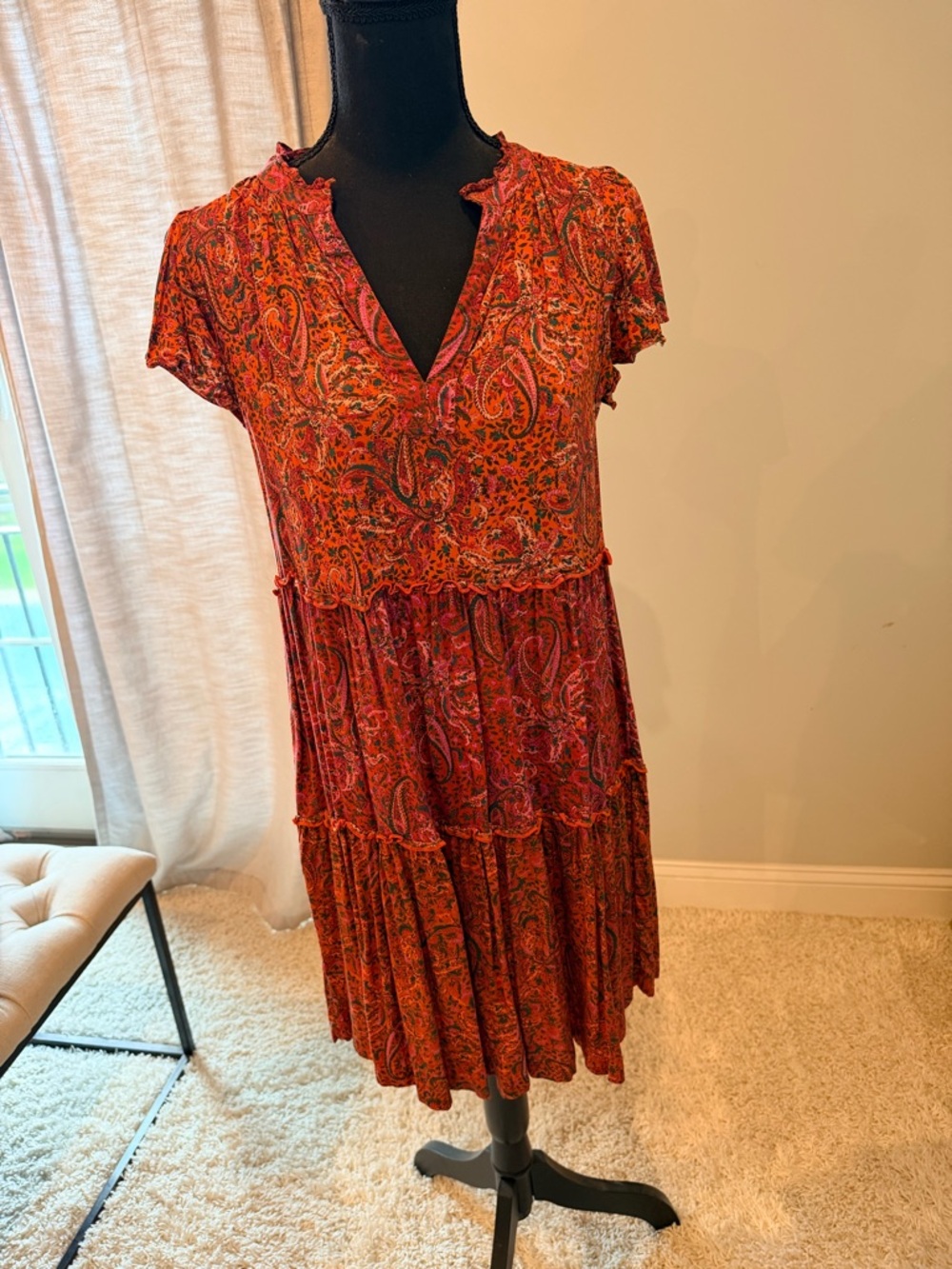 Anthropologie Boho Red Paisley Tiered Short-Sleeve Dress